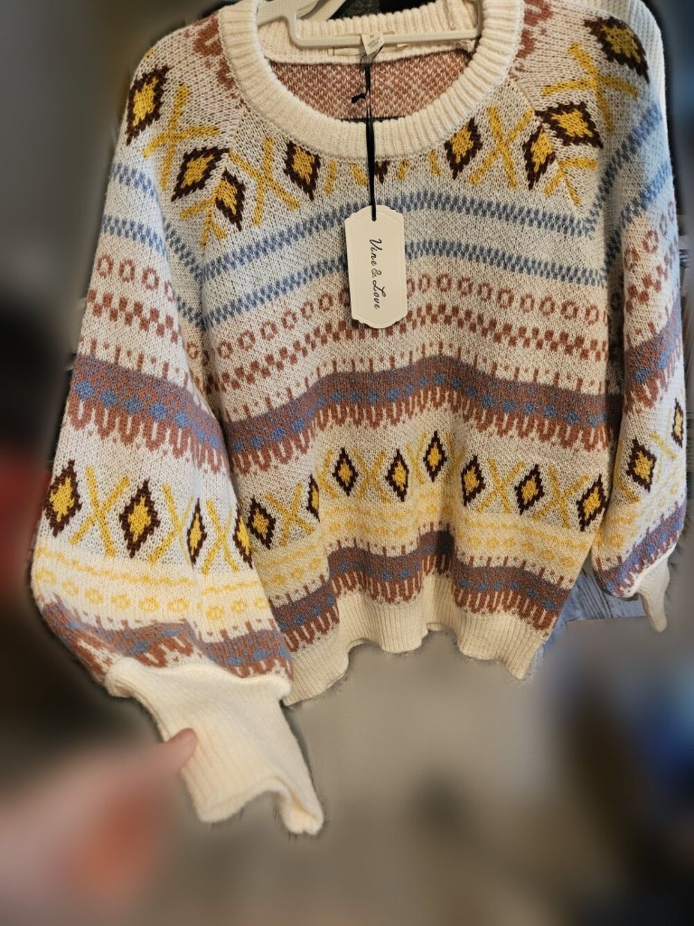 Vine & Love Cream Fair Isle Knit Sweater Mustard Brown Blue NWT